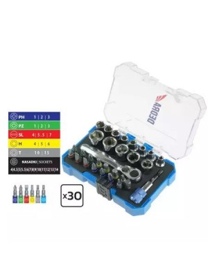 DEDRA Skrūvgriežu uzgaļu, bitu un ligzdu komplekts 30 gab., plastmasas kārba (18A11S030) DEDRA Skrūvgriežu uzgaļu, bitu un ligzdu komplekts 30 gab., plastmasas kārba (18A11S030)